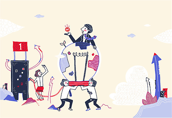 1 여자 남자 화살표 일러스트 회사 비즈니스 전구 협력 아이디어 함께함 사람 여러명 성인 건물 도움 비즈니스맨 비즈니스우먼 성인만 국내일러스트 AI파일 건축물 다수 컨셉 직장인 파일형식 벡터