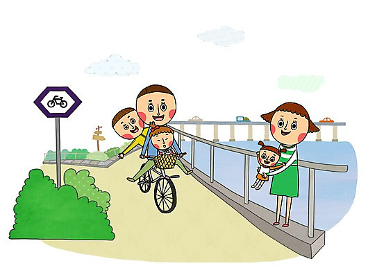 전신 PSD 여자 남자 딸 행복 아들 어린이 일러스트 가족 엄마 함께함 서기 미소 사람 소녀 소년 여러명 상반신 성인 야외 강 소풍 자전거 화목 아기 표지판 아빠 승차 즐거움 다자녀 자전거도로 가교 국내일러스트 건축물 감정 다수 컨셉 관계 모션 알림판 표정 야외활동 바이크 자녀 전용도로 파일형식