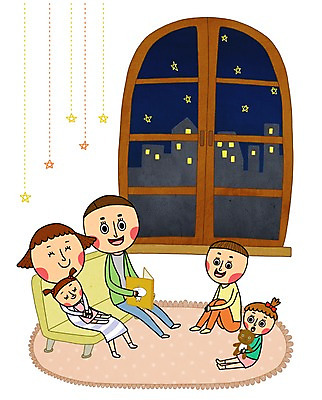 전신 PSD 여자 남자 딸 행복 별 아들 어린이 일러스트 창문 가족 엄마 함께함 실내 이야기 사람 앉기 소녀 소년 여러명 성인 책 소파 화목 아빠 야간 다자녀 국내일러스트 자연요소 감정 다수 컨셉 의자 관계 모션 내부 자녀 파일형식