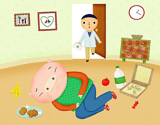 전신 PSD 동물 캐릭터 한마리 남자 음료 음식 시계 액자 일러스트 피자 실내 의인화 한명 사람 성인 눕기 달리기 문 치킨 고통 의사 돼지 구급상자 질병 배탈 폭식 남자만 남자한명만 성인남자만 성인만 일러캐릭터 1 감정 포유류 의학 모션 패스트푸드 서양음식 내부 의료진 의료용품 닭고기요리 파일형식