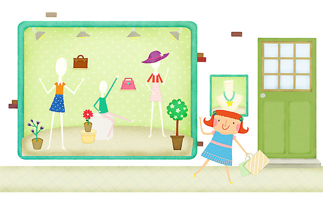 전신 PSD 모자 옷 여자 행복 가방 일러스트 목걸이 조명 거리 한명 서기 사람 성인 쇼핑 쇼핑백 문 마네킹 쇼윈도 옷가게 여자만 여자한명만 성인여자만 성인만 국내일러스트 1 잡화 감정 장신구 모션 상점 전시 파일형식