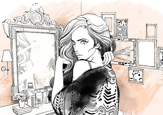 PSD 우먼라이프 라이프스타일 긴머리 여자 액자 일러스트 실내 한명 들기 사람 상반신 성인 화장 거울 붓 화장대 여자만 여자한명만 성인여자만 성인만 국내일러스트 1 헤어스타일 가구 모션 내부 생활 뷰티 파일형식