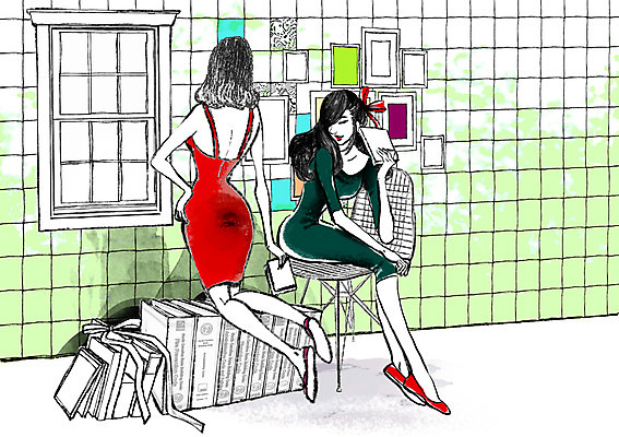 전신 PSD 우먼라이프 라이프스타일 여자 문화 일러스트 창문 실내 사람 앉기 성인 두명 친구 미술관 여자만 성인여자만 성인만 국내일러스트 관계 모션 내부 생활 파일형식