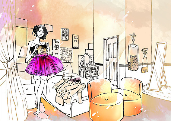 전신 PSD 우먼라이프 라이프스타일 옷 여자 의자 일러스트 출입구 실내 한명 서기 사람 성인 침대 외출 화장대 전신거울 원룸 여자만 여자한명만 성인여자만 성인만 국내일러스트 1 가구 모션 내부 생활 거울 파일형식