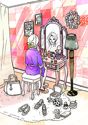 전신 PSD 우먼라이프 라이프스타일 여자 구두 가방 일러스트 실내 한명 사람 앉기 성인 화장 거울 화장대 원룸 여자만 여자한명만 성인여자만 성인만 국내일러스트 1 잡화 가구 신발 모션 내부 생활 뷰티 파일형식