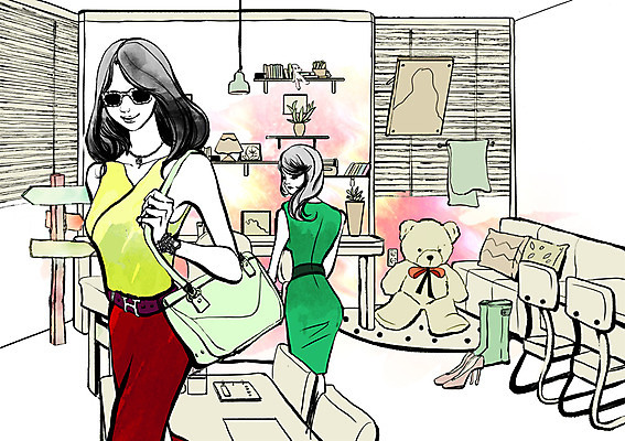 PSD 우먼라이프 라이프스타일 여자 일러스트 출입구 서기 사람 상반신 성인 두명 선글라스 곰인형 핸드백 외출 룸메이트 원룸 여자만 성인여자만 성인만 국내일러스트 안경 인형 가방 모션 생활 파일형식