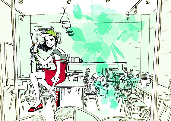 전신 PSD 모자 우먼라이프 라이프스타일 여자 여유 일러스트 탁자 한명 사람 앉기 성인 식당 앞치마 종업원 여자만 여자한명만 성인여자만 성인만 국내일러스트 직업 1 잡화 감정 가구 모션 생활 상점 파일형식