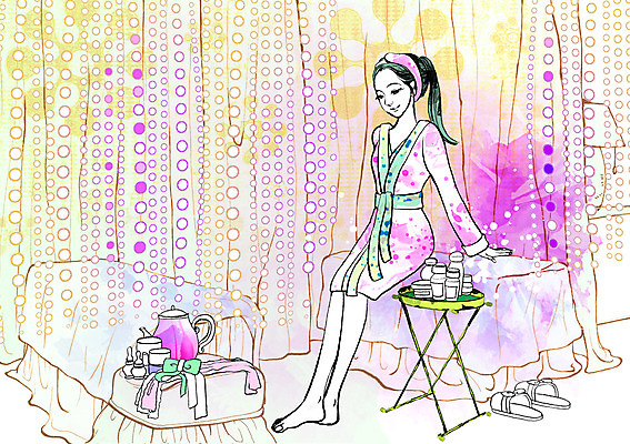 전신 PSD 우먼라이프 라이프스타일 여자 여유 일러스트 맨발 슬리퍼 실내 한명 미소 사람 앉기 성인 침대 가운 목욕가운 마사지샵 여자만 여자한명만 성인여자만 성인만 국내일러스트 1 옷 감정 가구 신발 모션 발 표정 내부 생활 파일형식