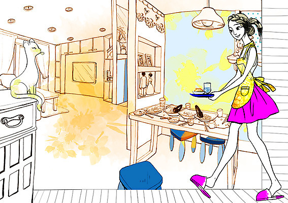 전신 PSD 동물 한마리 우먼라이프 라이프스타일 여자 음식 일러스트 탁자 쟁반 실내 한명 들기 사람 성인 식사 고양이 앞치마 준비 여자만 여자한명만 성인여자만 성인만 국내일러스트 1 가구 포유류 모션 내부 생활 반려동물 파일형식