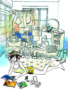 전신 PSD 우먼라이프 라이프스타일 여자 여유 엎드리기 신발 일러스트 창문 실내 한명 사람 성인 독서 화장품 파마 잡지 옷걸이 롤 화장대 원룸 여자만 여자한명만 성인여자만 성인만 국내일러스트 1 헤어스타일 감정 가구 모션 내부 생활 간행물 뷰티 파일형식