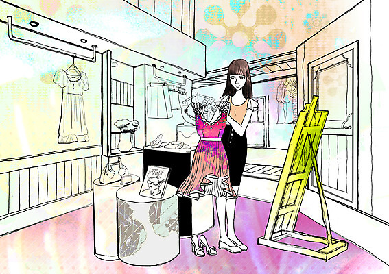 전신 PSD 우먼라이프 라이프스타일 옷 원피스 여자 구두 가방 일러스트 한명 서기 사람 성인 상점 거울 종업원 옷가게 의상실 여자만 여자한명만 성인여자만 성인만 국내일러스트 직업 1 잡화 신발 모션 생활 파일형식