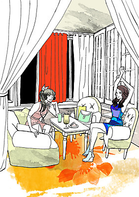 전신 PSD 우먼라이프 라이프스타일 여자 음료 가방 일러스트 창문 탁자 실내 사람 앉기 상반신 성인 두명 친구 소파 카페 커튼 수다 여자만 성인여자만 성인만 국내일러스트 잡화 가구 의자 관계 모션 대화 내부 생활 상점 파일형식