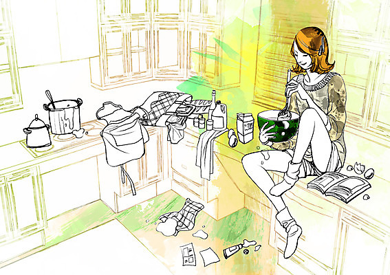 전신 PSD 우먼라이프 라이프스타일 그릇 여자 여유 음식 일러스트 실내 한명 사람 성인 주방 헤드폰 앞치마 냄비 싱크대 걸터앉기 여자만 여자한명만 성인여자만 성인만 국내일러스트 1 식기 감정 음향기기 앉기 내부 생활 솥 개수대 파일형식