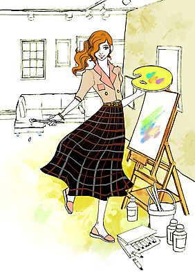 전신 PSD 우먼라이프 라이프스타일 여자 일러스트 실내 미술 한명 서기 미소 사람 성인 물감 붓 스케치 물통 이젤 그림 여자만 여자한명만 성인여자만 성인만 국내일러스트 1 모션 문화예술 표정 내부 생활 미술도구 파일형식