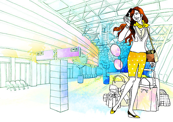 전신 PSD 우먼라이프 라이프스타일 여자 여행 일러스트 실내 한명 서기 사람 성인 선글라스 쇼핑백 캐리어 표지판 공항 풍선 여자만 여자한명만 성인여자만 성인만 국내일러스트 1 안경 가방 교통시설 모션 알림판 내부 생활 여행가방 파일형식