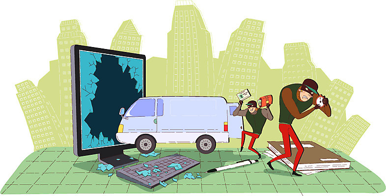 전신 남자 시계 일러스트 사람 성인 두명 건물 컴퓨터 볼펜 모니터 키보드 지갑 보호 도둑 절도 승합차 문서 보안 해킹 숨김 남자만 성인남자만 성인만 국내일러스트 AI파일 건축물 컨셉 승용차 안전 전자제품 펜 범죄 범죄인 파일형식 벡터