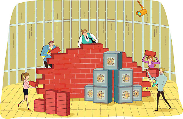 전신 여자 남자 일러스트 벽돌 사람 여러명 성인 담장 직장인 보호 보안 금고 노력 감시카메라 숨김 포위 철장 성인만 국내일러스트 AI파일 직업 다수 컨셉 모션 안전 카메라 파일형식 벡터