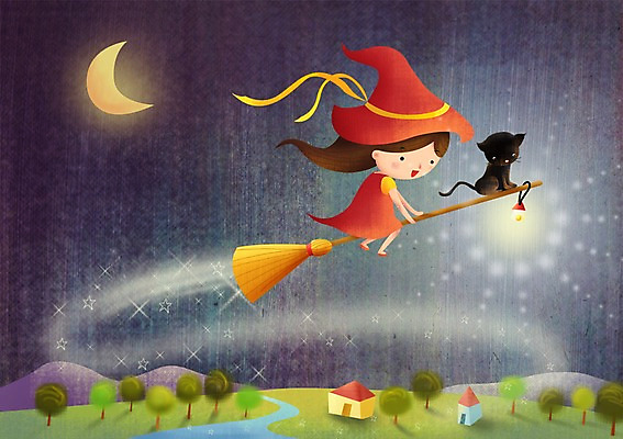 PSD 나무 동물 모자 긴머리 여자 어린이 일러스트 상상 조명 산 주택 한명 사람 소녀 빛 강 마을 검은색 고양이 달 비행 머리띠 빗자루 순수 마녀 어린이상상 여자만 여자한명만 어린이만 소녀만 소녀한명만 동심 국내일러스트 자연요소 식물 1 헤어스타일 잡화 컬러 컨셉 장신구 포유류 건물 반려동물 청소도구 파일형식