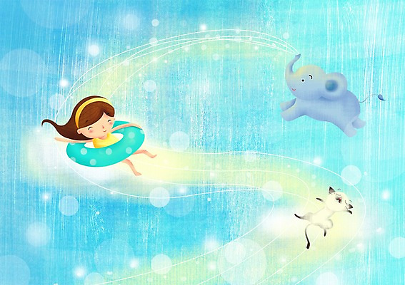 PSD 동물 긴머리 여자 어린이 일러스트 상상 물놀이 코끼리 한명 사람 소녀 빛 고양이 머리띠 순수 어린이상상 튜브 여자만 여자한명만 어린이만 소녀만 소녀한명만 동심 국내일러스트 1 헤어스타일 컨셉 장신구 포유류 놀이 반려동물 파일형식