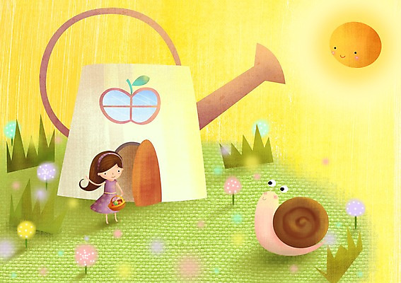 PSD 긴머리 여자 어린이 과일 일러스트 창문 상상 주택 한명 들기 사람 소녀 태양 바구니 물뿌리개 머리띠 순수 달팽이 어린이상상 여자만 여자한명만 어린이만 소녀만 소녀한명만 동심 국내일러스트 자연요소 1 헤어스타일 컨셉 장신구 모션 연체동물 건물 파일형식