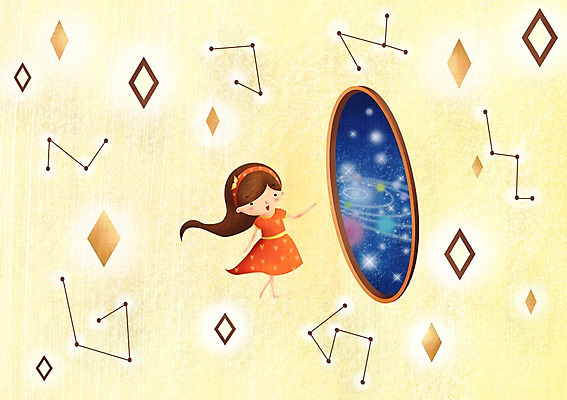 전신 도형 PSD 긴머리 여자 어린이 선 일러스트 창문 상상 한명 사람 소녀 우주 별자리 머리띠 순수 어린이상상 여자만 여자한명만 어린이만 소녀만 소녀한명만 동심 국내일러스트 1 헤어스타일 컨셉 장신구 파일형식