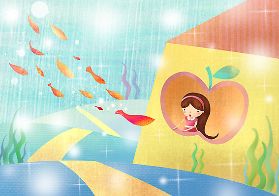 PSD 긴머리 여자 길 어린이 여러마리 일러스트 창문 상상 주택 어류 한명 사람 소녀 빛 바닷속 수중 머리띠 해조류 사과 순수 어린이상상 여자만 여자한명만 어린이만 소녀만 소녀한명만 동심 국내일러스트 1 헤어스타일 다수 컨셉 과일 장신구 건물 수중동물 해양식물 파일형식