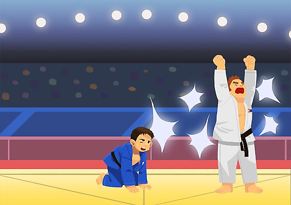 PSD 남자 스포츠 일러스트 조명 운동선수 실내 서기 사람 경기 두명 경기장 우승 열정 유도 유도선수 아시안게임 남자만 국내일러스트 감정 스포츠시설 모션 내부 격투기 최고 파일형식