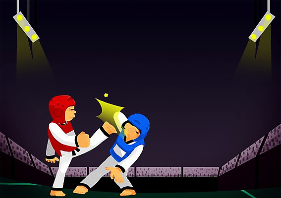 전신 PSD 남자 스포츠 일러스트 운동선수 실내 서기 사람 경기 두명 경기장 수비 헬멧 보호장비 태권도 열정 태권도선수 아시안게임 객석 국내일러스트 감정 스포츠시설 모션 내부 격투기 장비 파일형식