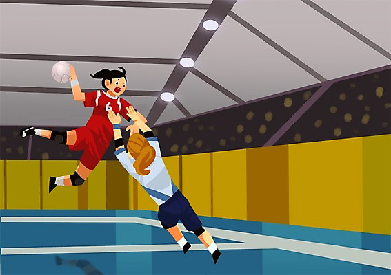 전신 PSD 여자 스포츠 일러스트 공 운동선수 실내 서기 사람 경기 두명 점프 경기장 열정 아시안게임 핸드볼 핸드볼선수 여자만 국내일러스트 감정 스포츠시설 모션 내부 구기 파일형식