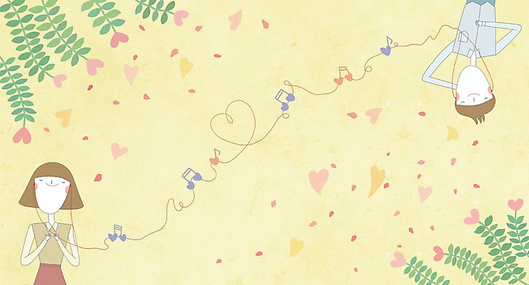 PSD 커플 여자 남자 이어폰 백그라운드 일러스트 사랑 사람 두명 눕기 음악감상 하트 연결 국내일러스트 모양 감정 음향기기 관계 모션 감상 파일형식