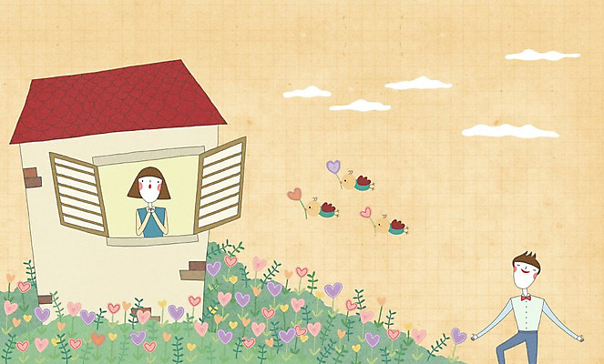 PSD 커플 여자 남자 백그라운드 프로포즈 꽃밭 일러스트 창문 사랑 사람 두명 하트 국내일러스트 모양 꽃 감정 관계 파일형식