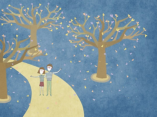 PSD 나무 커플 여자 남자 백그라운드 일러스트 사랑 사람 두명 하트 골목길 국내일러스트 모양 식물 감정 길 관계 파일형식