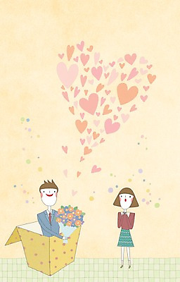 PSD 커플 여자 남자 꽃다발 백그라운드 일러스트 선물 사랑 사람 두명 상자 하트 서프라이즈 국내일러스트 모양 꽃 감정 컨셉 관계 파일형식