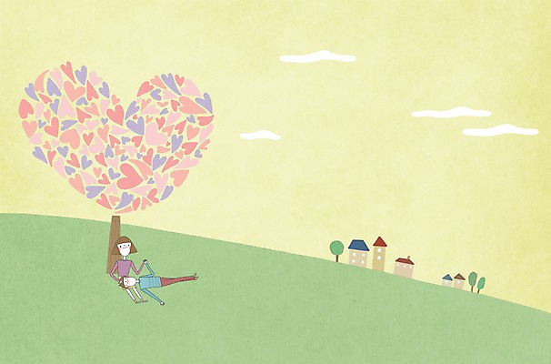 PSD 나무 커플 여자 남자 백그라운드 일러스트 휴식 사랑 사람 두명 하트 언덕 국내일러스트 모양 식물 감정 컨셉 관계 파일형식
