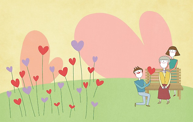 PSD 여자 남자 할머니 백그라운드 벤치 일러스트 선물 사랑 사람 세명 하트 봉사 노인만 성인만 국내일러스트 모양 노년 감정 의자 도움 파일형식