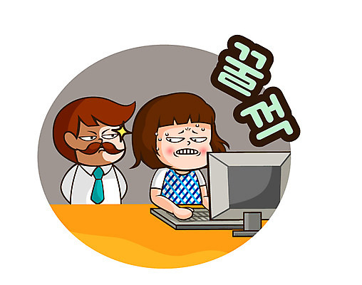 캐릭터 우먼라이프 라이프스타일 여자 남자 인물캐릭터 스티커 일러스트 사람 20대 두명 컴퓨터 업무 상사 긴장 미미 이모티콘 청년만 성인만 일러캐릭터 AI파일 감정 비즈니스 청년 생활 전자제품 작업 파일형식 벡터