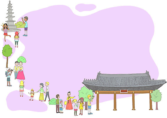 PSD 외국인 백인 한국문화 한국전통 여자 남자 여유 여행 흑인 일러스트 한옥 동양인 여러명 여행객 사진촬영 한국인 체험 석탑 군중 한복 전통체험 국내일러스트 서양인 동양문화 전통 감정 다수 컨셉 고건축 한국 사람 인종 탑 촬영 전통의상 파일형식