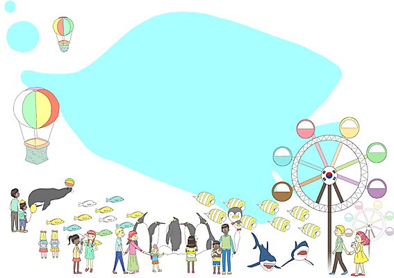 PSD 백인 여자 남자 여유 여행 흑인 일러스트 어류 동양인 여러명 여행객 놀이공원 열기구 체험 군중 물개 열대어 펭귄 대관람차 상어 수족관 전통체험 국내일러스트 서양인 감정 다수 컨셉 포유류 항공교통 조류 사람 인종 바다동물 수중동물 테마파크 놀이기구 파일형식