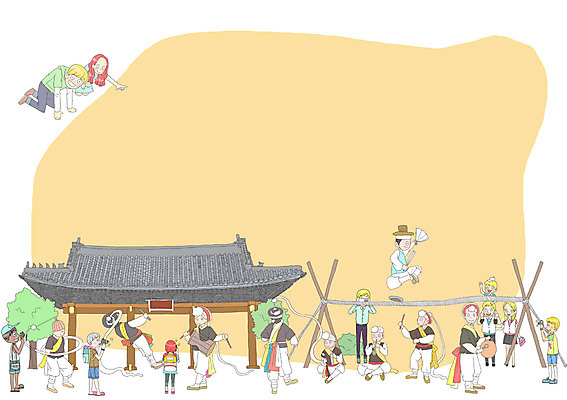 PSD 백인 한국문화 한국전통 여자 남자 여유 여행 일러스트 국악기 동양인 여러명 여행객 사진촬영 한국인 체험 군중 사물놀이 장구 전통체험 징 꽹과리 국내일러스트 서양인 동양문화 전통 감정 악기 다수 컨셉 타악기 한국 국악 사람 인종 촬영 전통놀이 전통공연 파일형식