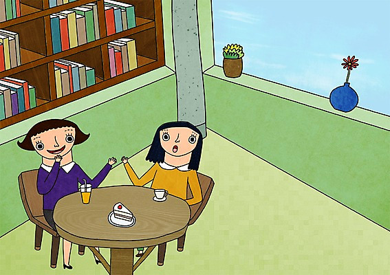 PSD 우먼라이프 라이프스타일 여자 커피 의자 일러스트 탁자 실내 사람 앉기 20대 성인 두명 책 친구 케이크 주스 카페 수다 여자만 성인여자만 청년만 청년여자만 성인만 국내일러스트 음료 가구 관계 모션 디저트 대화 청년 내부 생활 상점 파일형식