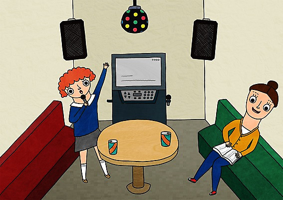 전신 PSD 우먼라이프 라이프스타일 여자 음향기기 일러스트 탁자 조명 실내 20대 성인 두명 책 소파 스피커 마이크 노래방 여자만 성인여자만 청년만 청년여자만 성인만 국내일러스트 가구 의자 사람 청년 내부 생활 전자제품 파일형식