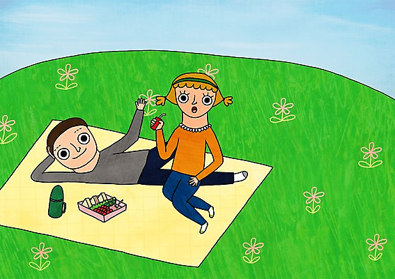 주간 전신 PSD 우먼라이프 라이프스타일 커플 여자 남자 데이트 일러스트 사람 잔디 20대 성인 야외 두명 소풍 돗자리 도시락 보온병 청년만 성인만 국내일러스트 자연요소 식물 음식 관계 청년 생활 야외활동 파일형식