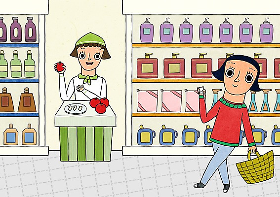 전신 PSD 우먼라이프 라이프스타일 여자 일러스트 실내 서기 20대 성인 두명 쇼핑 장보기 사과 먹기 장바구니 마트 여자만 성인여자만 청년만 청년여자만 성인만 국내일러스트 과일 모션 사람 청년 내부 생활 바구니 상점 파일형식