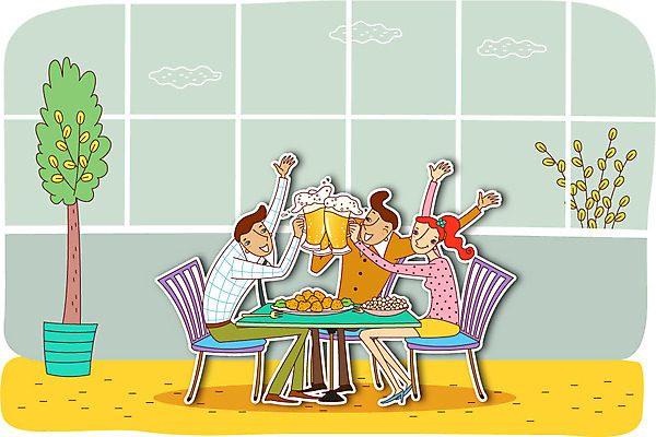 나무 여자 남자 행복 여유 의자 일러스트 탁자 맥주 사람 앉기 성인 세명 치킨 안주 건배 술자리 축배 성인만 치맥 국내일러스트 AI파일 식물 감정 가구 모션 주류 닭고기요리 파일형식 벡터