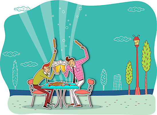 전신 나무 남자 행복 여유 가로등 의자 일러스트 탁자 맥주 들기 사람 성인 두명 건물 발코니 꼬치 건배 축배 남자만 성인남자만 성인만 국내일러스트 AI파일 식물 건축물 공공시설 감정 가구 모션 주류 파일형식 벡터