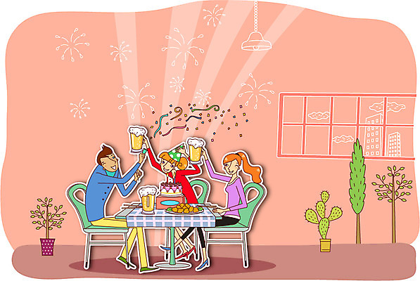 나무 여자 남자 행복 화분 여유 음식 의자 일러스트 창문 탁자 조명 맥주 실내 사람 앉기 성인 건물 세명 파티 케이크 축하 생일파티 생일 건배 맥주잔 축배 생일상 성인만 국내일러스트 AI파일 식물 건축물 기념일 감정 가구 컨셉 술잔 모션 디저트 주류 이벤트 내부 파일형식 벡터