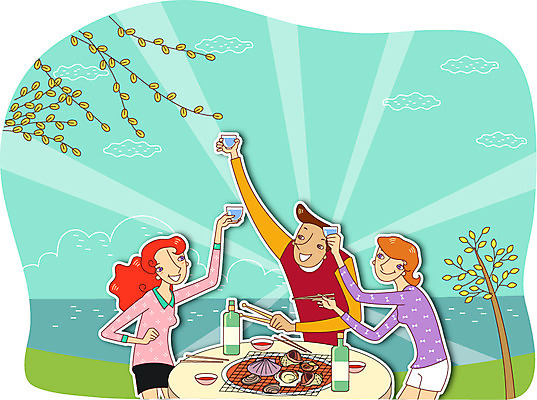 주간 나무 여자 남자 행복 여유 바다 일러스트 조개 사람 성인 야외 세명 강 건배 소주 술자리 축배 소주잔 조개구이 성인만 국내일러스트 AI파일 자연요소 식물 감정 술잔 어패류 주류 구이 파일형식 벡터