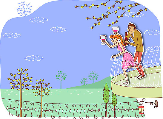 나무 커플 여자 남자 행복 여유 데이트 일러스트 조명 사람 성인 두명 울타리 강 와인 발코니 와인병 축배 성인만 국내일러스트 AI파일 식물 감정 관계 병_용기 주류 담장 파일형식 벡터