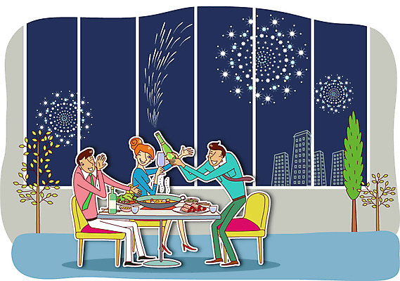 나무 여자 남자 행복 여유 의자 일러스트 창문 탁자 새해 폭죽 사람 성인 건물 세명 파티 와인 축하 안주 건배 소주 술자리 축배 성인만 국내일러스트 AI파일 식물 건축물 감정 가구 컨셉 주류 이벤트 파일형식 벡터