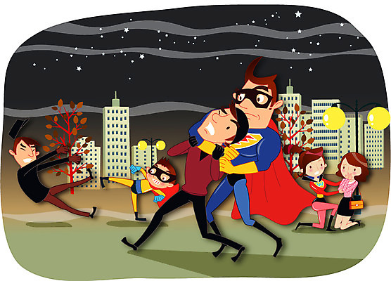 여자 남자 어린이 일러스트 가족 사람 여러명 성인 도움 보호 영웅 불량배 밤길 슈퍼히어로 국내일러스트 AI파일 길 다수 컨셉 관계 파일형식 벡터